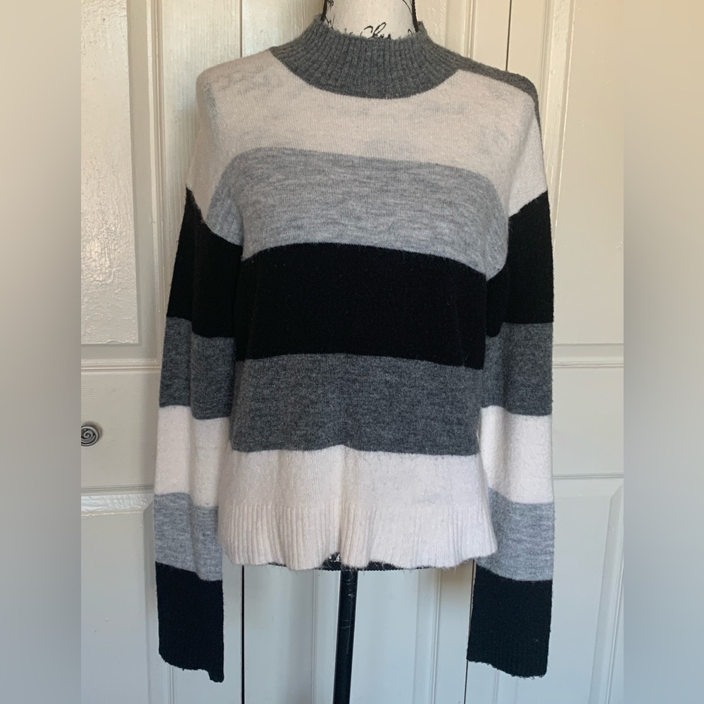Express White, Gray, and Black Striped Mock Turtleneck Sweater
